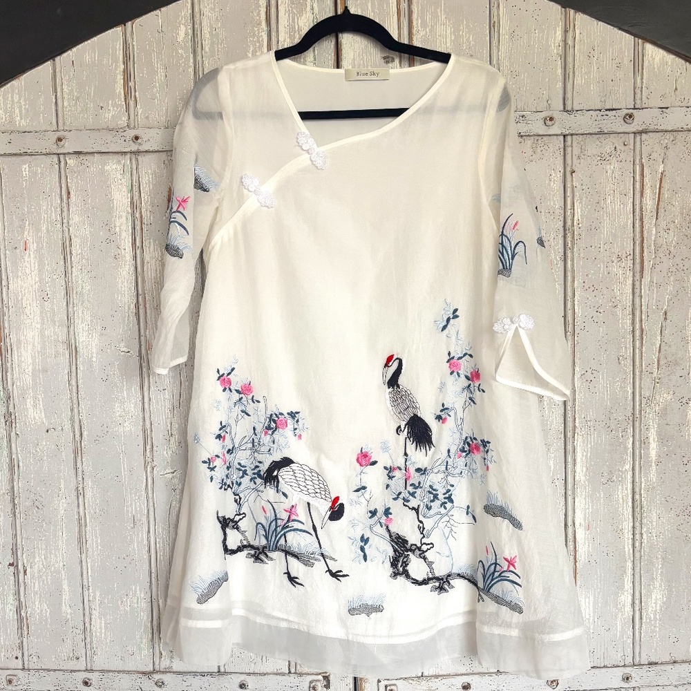 Embroidered A-line Mini Dress with Sheer 3/4 Length Sleeves Small